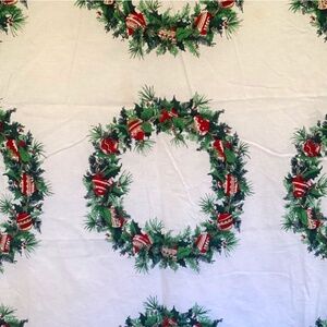 Vintage Christmas Tablecloth Holly Wreaths Shiny Bright 88” Long Festive Holiday